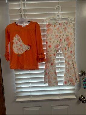Girls Orange Hen Appliqué Pajama Set with Floral Ruffle Pants